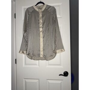 Hm Long Sleeve Satin Round Neck Button Down Blouse Large Ivory Black